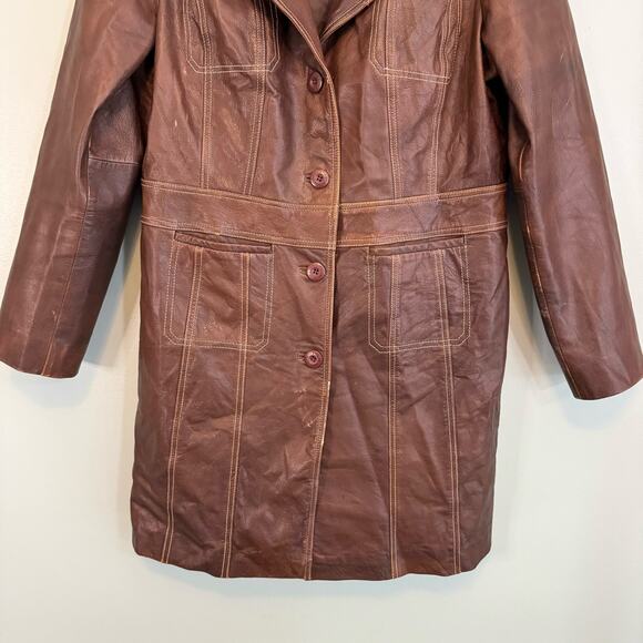 Wilsons Leather Maxima Trench Coat Women L Brown Collared Button Mobwife Outdoor - Picture 11 of 13